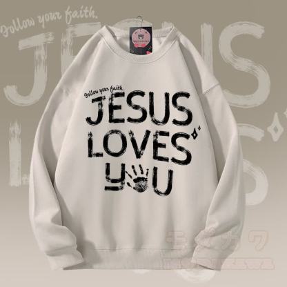 MODAKAWA JESUS ​​LOVES YOU Grafik Unisex Sweatshirt - Hellbeige - 5XL - image 4