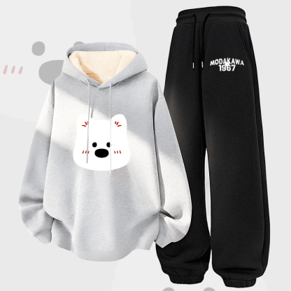 MODAKAWA Zweiteiliges Set aus Hoodie und Hose mit niedlichem Bärenmotiv, dick gefüttert mit Fleece - Grey&Black - 5XL - image 2