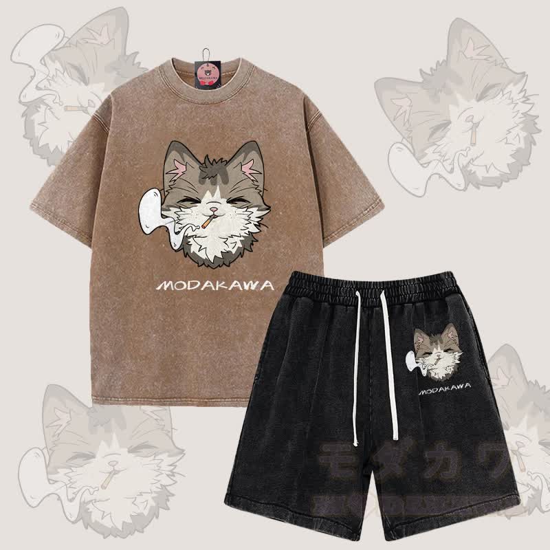 MODAKAWA Smoking Cat Grafik Vintage Washed T-Shirt Shorts Zweiteiliges Set - Braun & Schwarz - 3XL - image 4