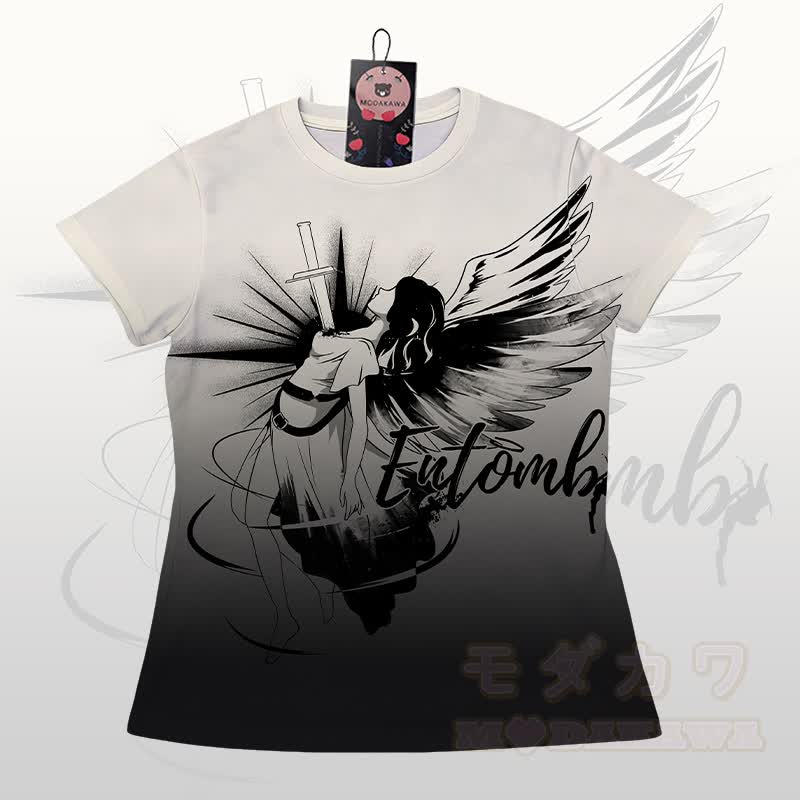 ENTOMB Grafik-Gradienten-T-Shirt Shorts Modakawa passendes Outfit - Schwarzes und beiges T-Shirt - 5XL - image 4