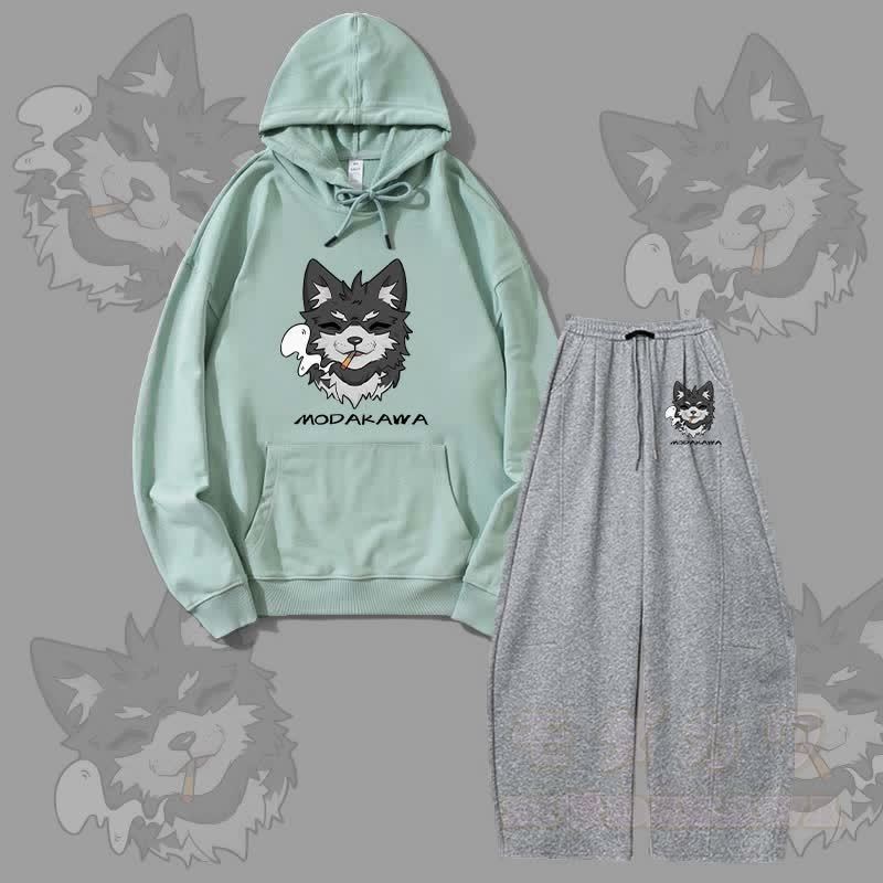 MODAKAWA Smoking Puppy Grafik-Hoodie, weite Hose, zweiteiliges Set - Grün & Dunkelgrau - 5XL - image 3