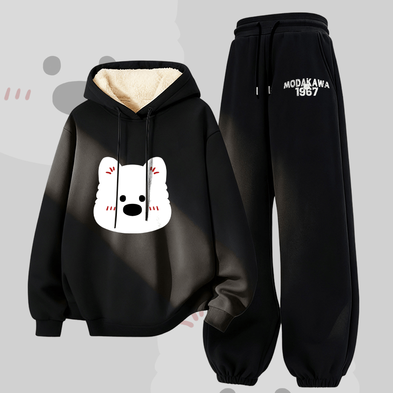 MODAKAWA Zweiteiliges Set aus Hoodie und Hose mit niedlichem Bärenmotiv, dick gefüttert mit Fleece - Black - 5XL - image 4