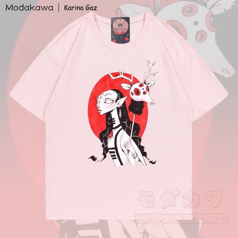 MODAKAWA X Karina Gaz Goth Deer Mask Grafik 100% Baumwoll-T-Shirt - Hellrosa - 5XL - image 5