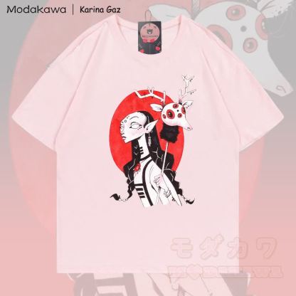 MODAKAWA X Karina Gaz Goth Deer Mask Grafik 100% Baumwoll-T-Shirt - Hellrosa - 5XL - image 5
