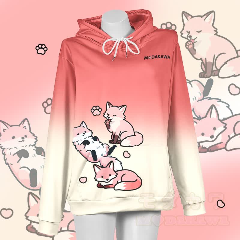 MODAKAWA Gradient Lazy Fox Graphic Pullover Hoodie - Rot & Gelb - 5XL - image 3