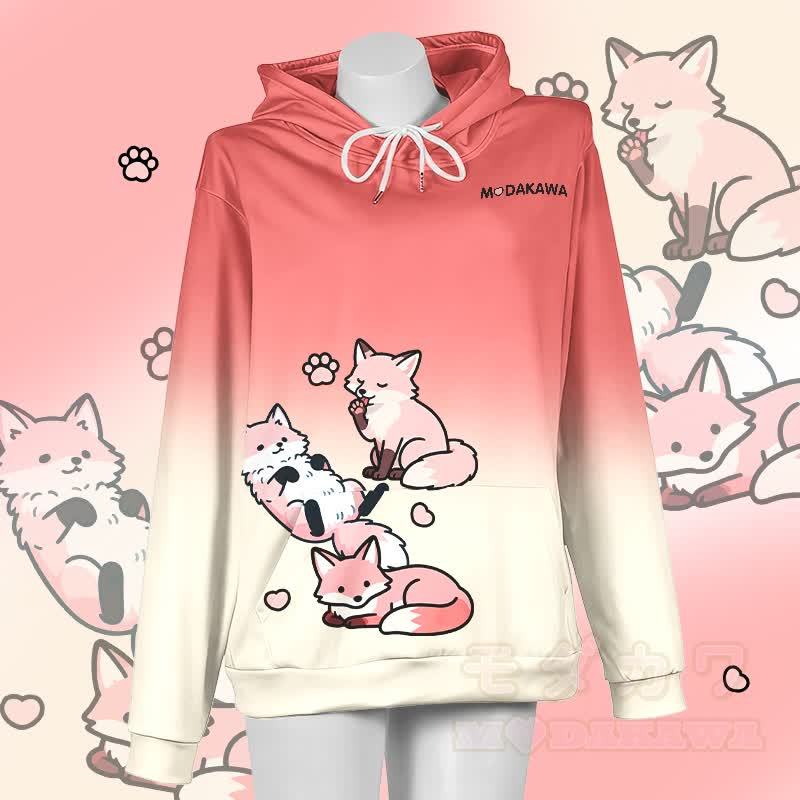 MODAKAWA Gradient Lazy Fox Graphic Pullover Hoodie - Rot & Gelb - 5XL - image 3