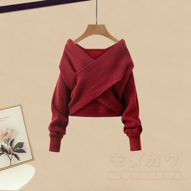 Dreiteiliges Set: Strickpullover, kariertes Unterkleid, Stulpen und Strickkleid - image 6