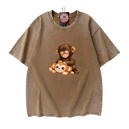 PUNCH Monkey Graphic Modakawa Vintage Washed 100% Cotton T-Shirt - Brown - 5XL - image 8