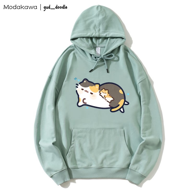 MODAKAWA X gud_doodle Lockerer Hoodie mit schlafendem Kätzchen-Print - Green - 5XL - image 8