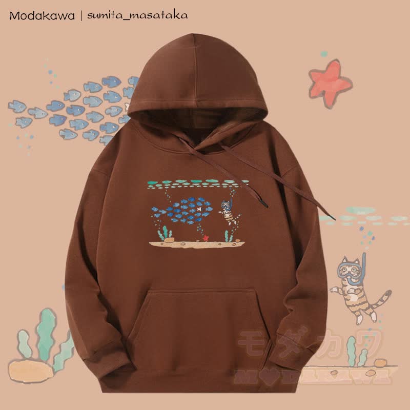 MODAKAWA X sumita_masataka Fleece-gefütterter Kapuzenpullover mit tauchender Katzengrafik - Braun - 5XL - image 3