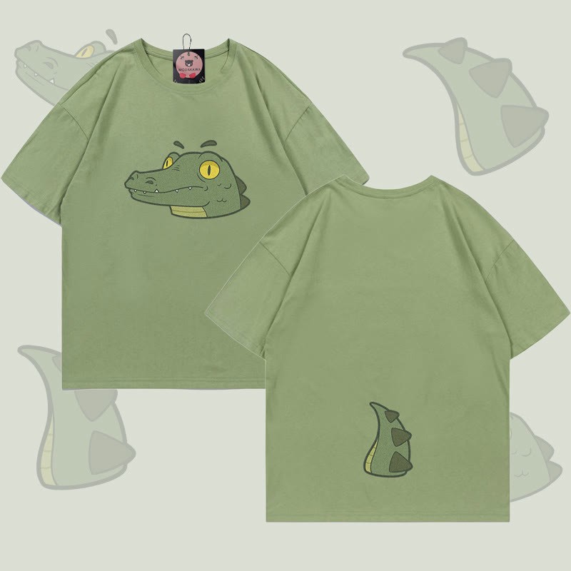 MODAKAWA T-Shirt mit Krokodilgesicht und -schwanz-Grafik - Light Green - 5XL - image 2