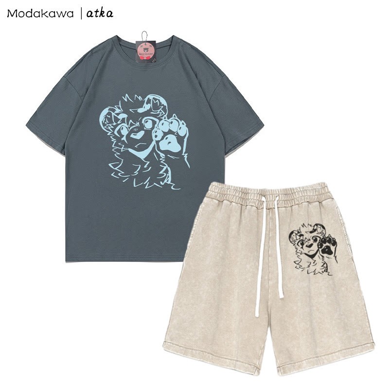 T-Shirt mit Tigerpfoten-Wellengrafik und verwaschenen Vintage-Shorts, zweiteiliges Set - Grey&Black - 3XL - image 8