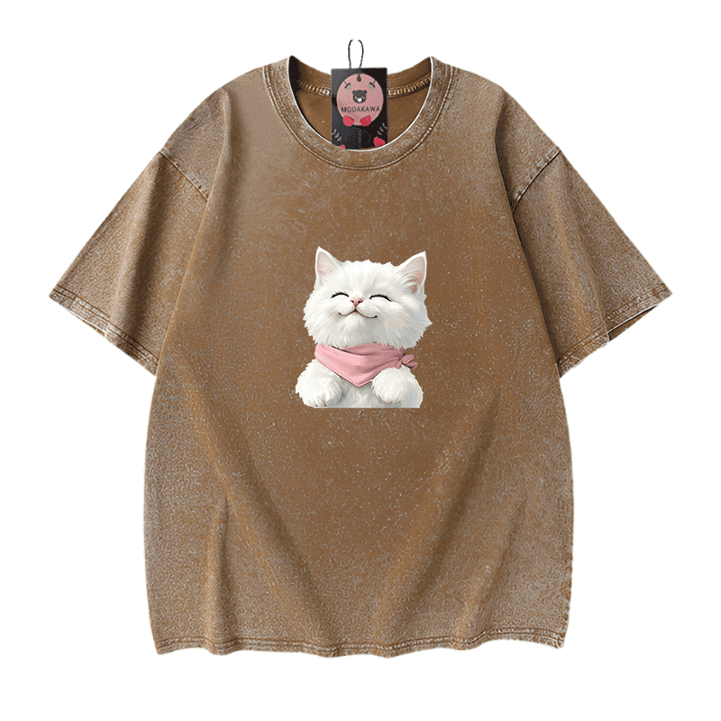 Modakawa Unisex Vintage T-Shirt mit weißer Katzengrafik - Brown - 5XL - image 9