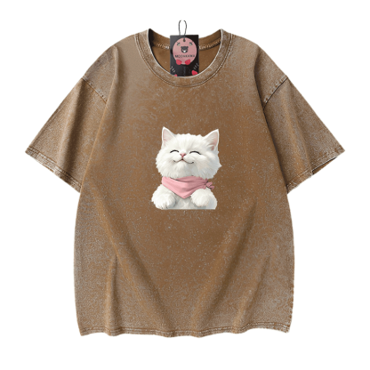 Modakawa Unisex Vintage T-Shirt mit weißer Katzengrafik - Brown - 5XL - image 9