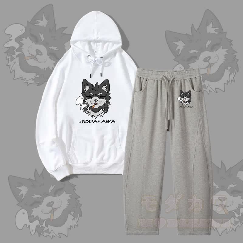 MODAKAWA Koda Smoking Puppy Grafik-Hoodie für Herren, Kordelzughose, zweiteiliges Set - Weiß & Heidegrau - 4XL - image 6