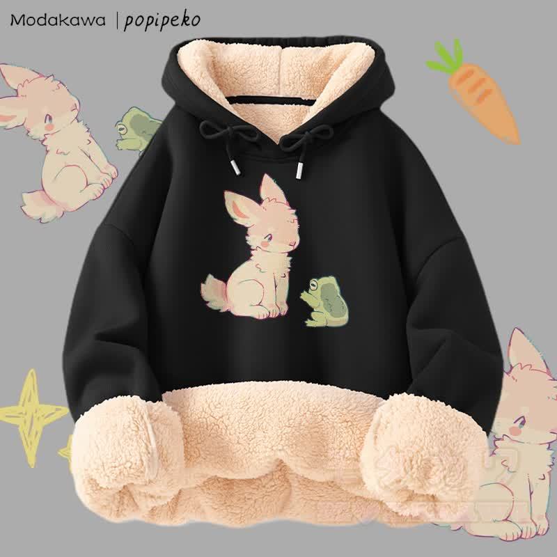 MODAKAWA X popipeko Winterhoodie mit Hasen- und Froschmotiv, dick gefüttert mit Fleece - Schwarz - 2XL - image 5
