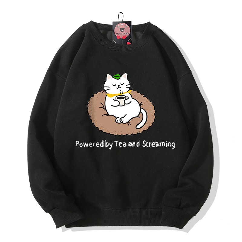 POWERED BY TEA AND STREAMING Kitty Graphic Round Collar Sweatshirt - Black - 5XL - image 5