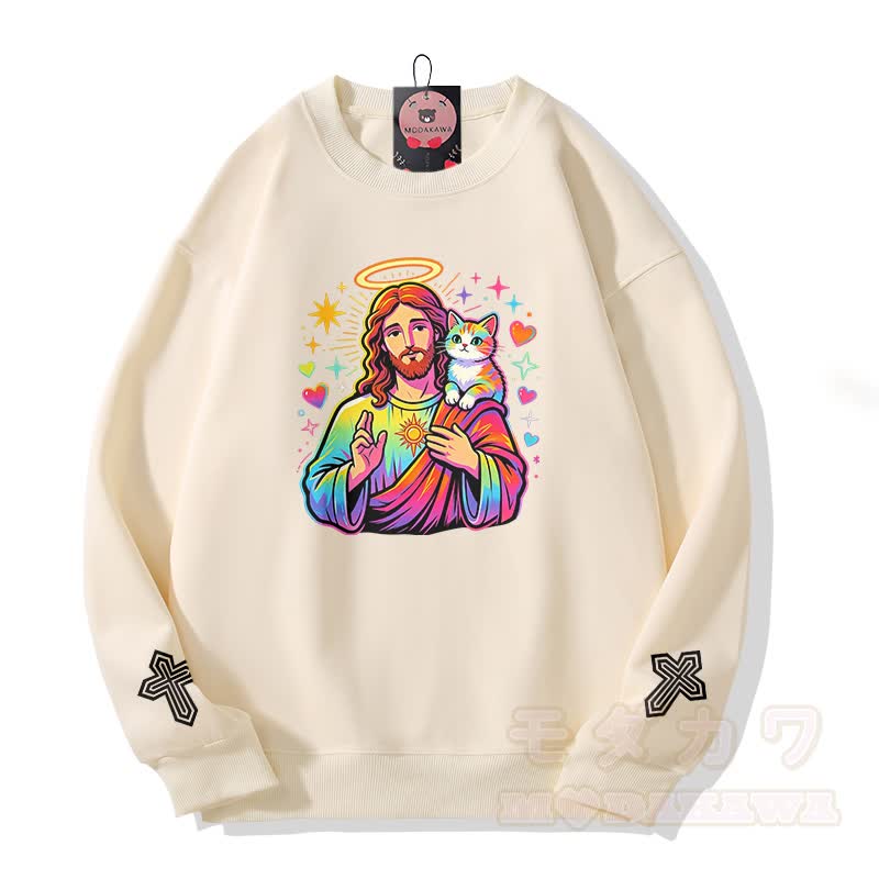 Modakawa Sweatshirt mit Regenbogen-Engel-Gebetskatzen-Kreuz-Grafik - Beige - 5XL - image 3