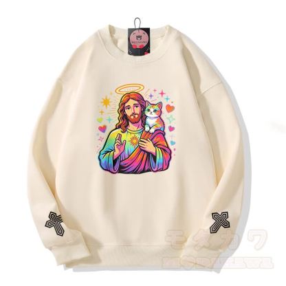 Modakawa Sweatshirt mit Regenbogen-Engel-Gebetskatzen-Kreuz-Grafik - Beige - 5XL - image 3