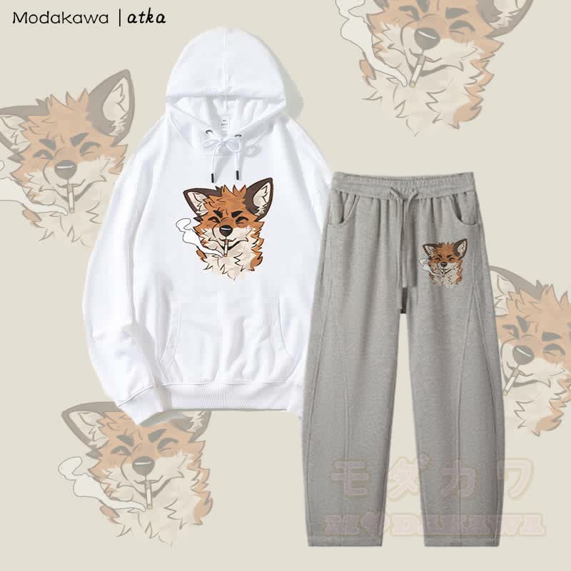 MODAKAWA X atka Fox Smoking Graphic Hoodie Herren Kordelzughose Zweiteiliges Set - Weiß & Heidegrau - 4XL - image 5