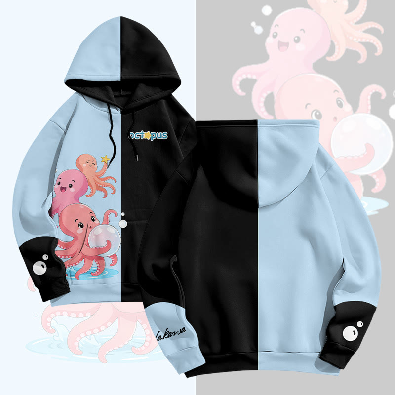 MODAKAWA Happy Octopus Graphic All Over Print Pullover Hoodie - Blue&Black - 8XL - image 2