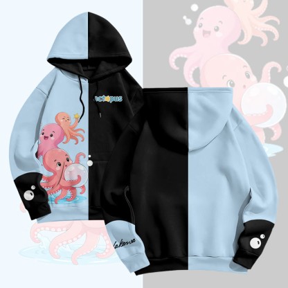 MODAKAWA Happy Octopus Graphic All Over Print Pullover Hoodie - Blue&Black - 8XL - image 2