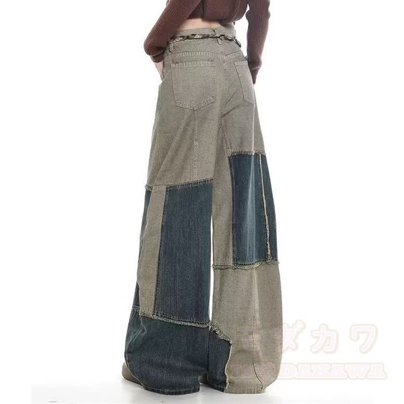 Vintage-Jacke mit Stehkragen und Reißverschluss, Patchwork-Jeans mit offener Kante, zweiteiliges Set - image 11