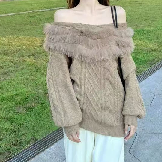 Strickpullover mit schulterfreiem Kragen aus Kunstpelz - image 10
