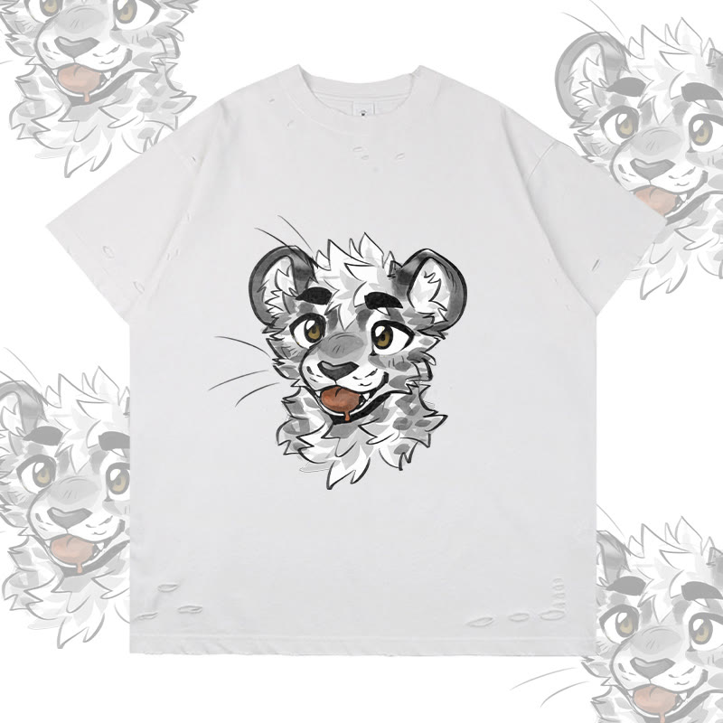 MODAKAWA X atka Freches Tigergesicht Grafik-T-Shirt mit Rissen - White - 2XL - image 4