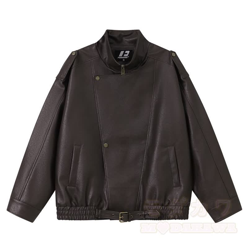 Vintage-Jacke aus Kunstleder mit asymmetrischem Revers, Reißverschluss und lockerem Schnitt - Braun - 2XL - image 9