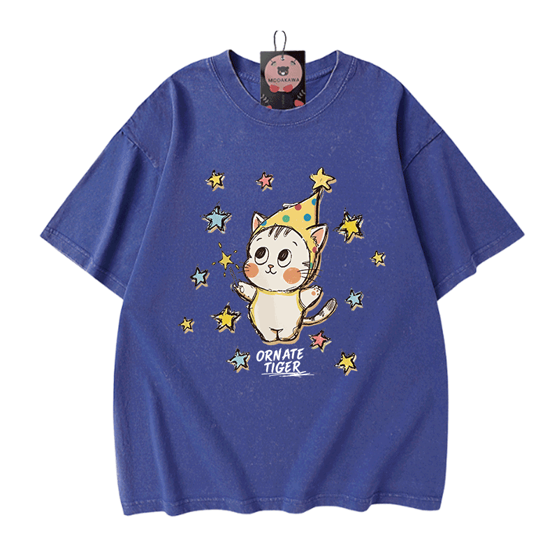 Verzierter Tiger, Stern-Tiger-Grafik, Modakawa Unisex Vintage Washed T-Shirt - Blue - 5XL - image 6