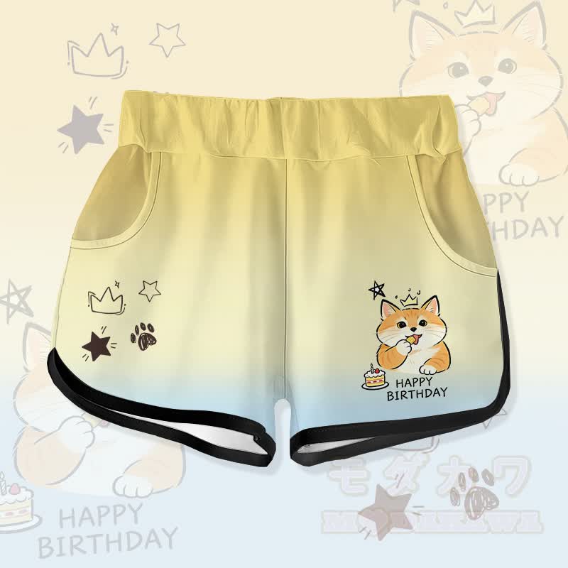 HAPPY zum Geburtstag! Niedliche Katzenkuchen-Grafik Modakawa Gradient Shorts - Gelb - 5XL - image 4