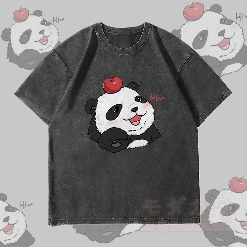 MODAKAWA Panda mit Apfel-Motiv Unisex Vintage Washed T-Shirt - Schwarz - 4XL - image 4