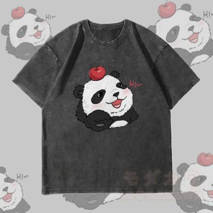 MODAKAWA Panda mit Apfel-Motiv Unisex Vintage Washed T-Shirt - Schwarz - 4XL - image 4