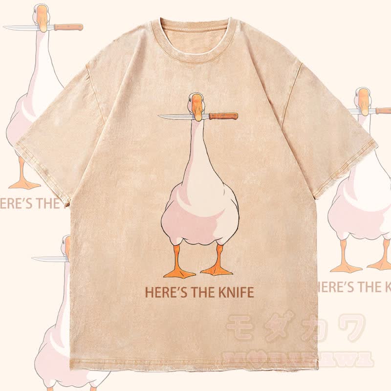 MODAKAWA HIER IST DAS MESSER Gänse-Grafik Unisex Vintage Washed T-Shirt - Aprikose - 4XL - image 3