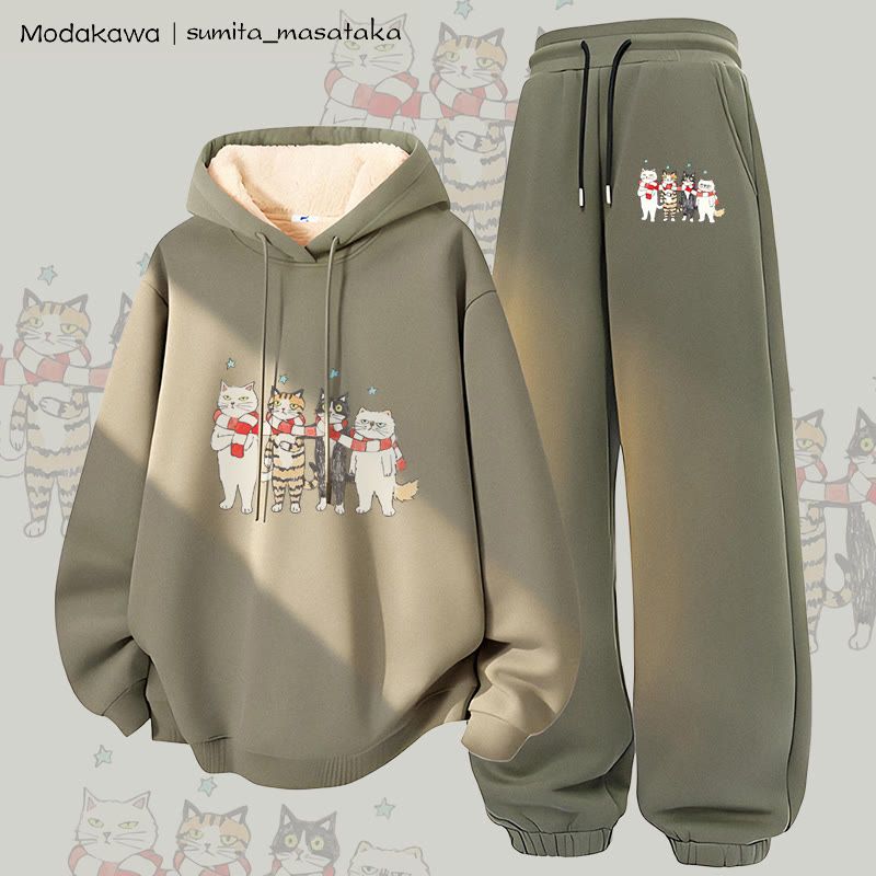 MODAKAWA X sumita_masataka Schal Sharing Katzen-Grafik Dickes Fleece-gefütterte Kapuzenpullover-Hose Zweiteiliges Set - Green - 5XL - image 4