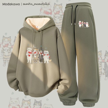 MODAKAWA X sumita_masataka Schal Sharing Katzen-Grafik Dickes Fleece-gefütterte Kapuzenpullover-Hose Zweiteiliges Set - Green - 5XL - image 4