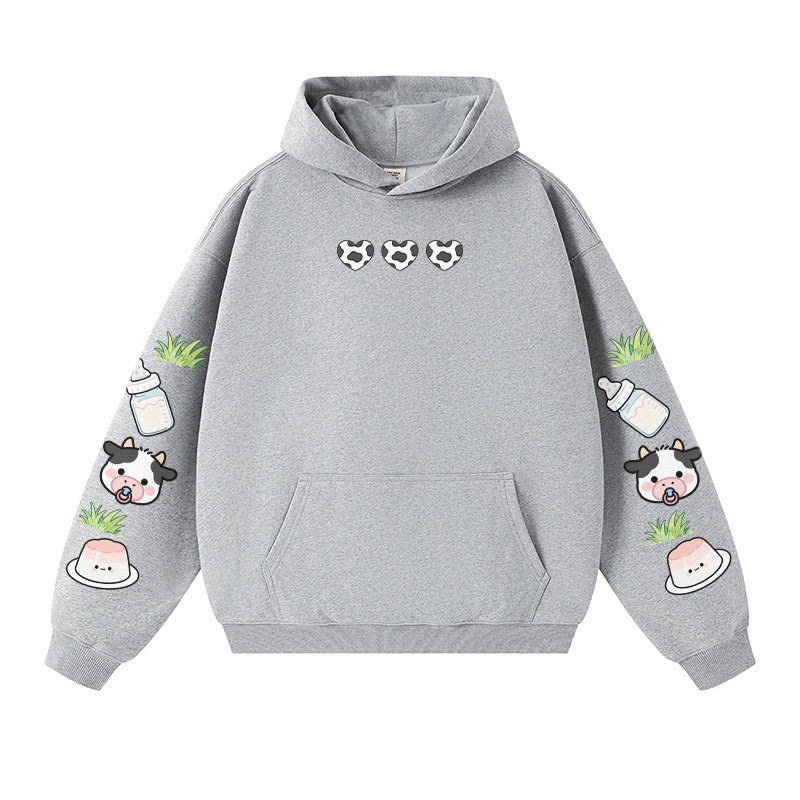 Entzückender warmer dicker Kapuzenpullover mit Kuhmilch-Grafik - Grey - 3XL - image 5