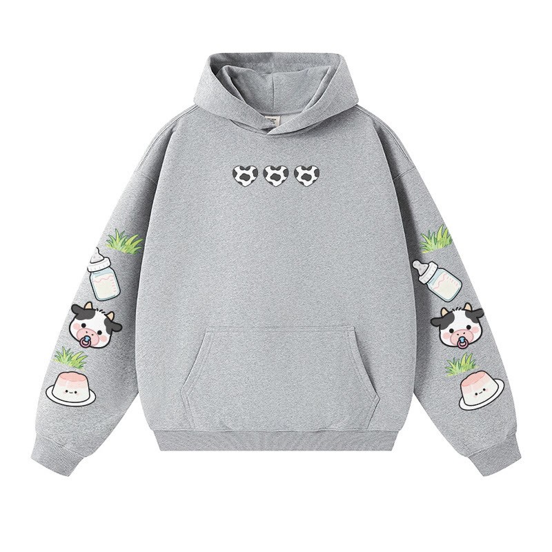 Entzückender warmer dicker Kapuzenpullover mit Kuhmilch-Grafik - Grey - 3XL - image 5