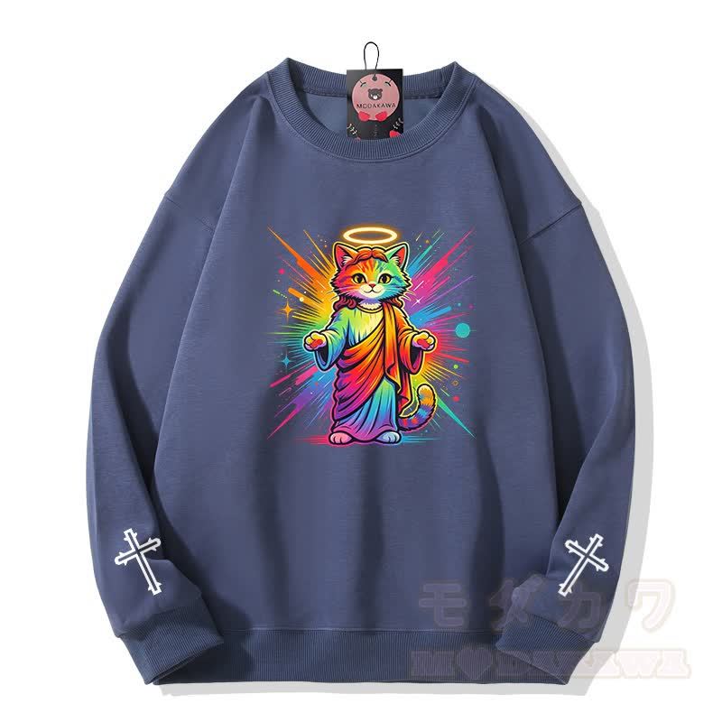 Modakawa Sweatshirt mit Regenbogen-Engel-Katzenkreuz-Grafik - Staubiges Blau - 5XL - image 4