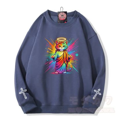 Modakawa Sweatshirt mit Regenbogen-Engel-Katzenkreuz-Grafik - Staubiges Blau - 5XL - image 4