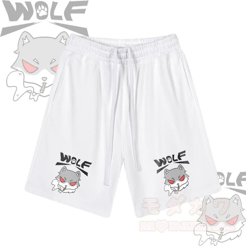 MODAKAWA Smoking Wolf Graphic Drawstring Shorts - Weiß - 2XL - image 6