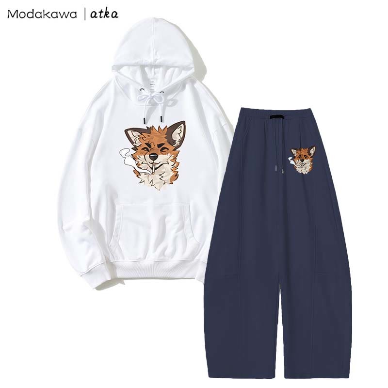 MODAKAWA X atka Fox Smoking Graphic Hoodie Wide Leg Pants Zweiteiliges Set - White&Purplish Blue - 5XL - image 4