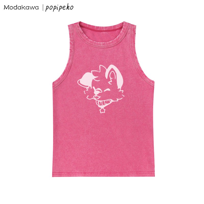 Ärmelloses T-Shirt mit verwaschenem Vintage-Schriftzug und Welpen-Grafik - Rose Red - One Size - image 4