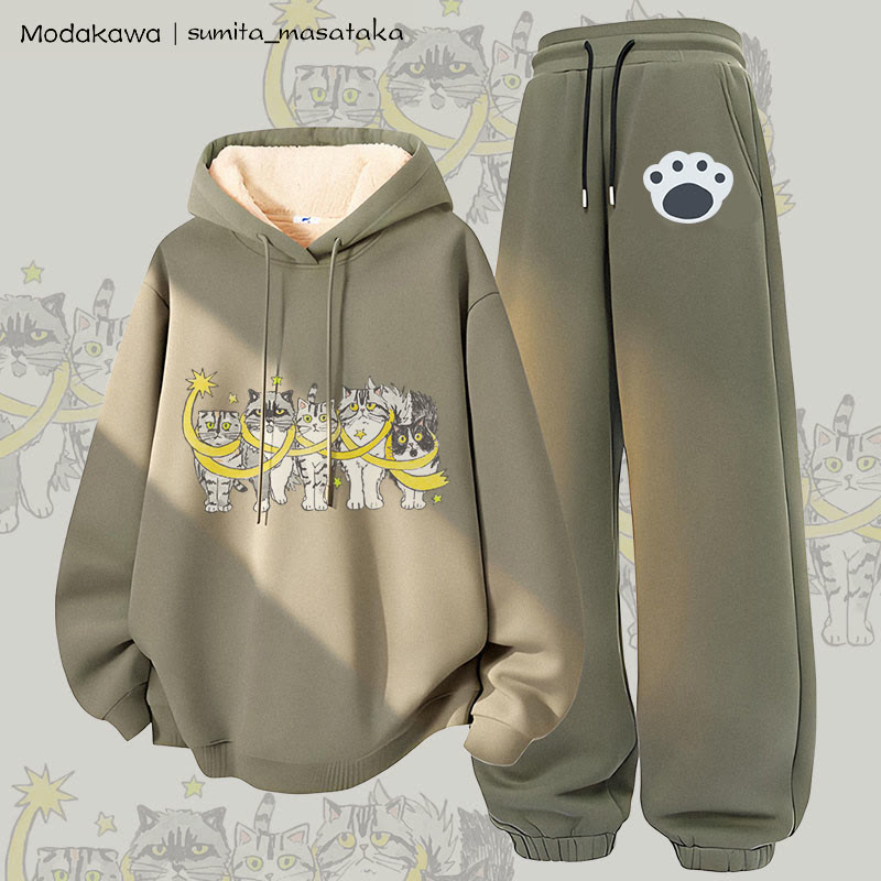 MODAKAWA X sumita_masataka Katzen-in-Sterne-Grafik: Zweiteiliges Set aus dick gefüttertem Hoodie und Hose mit Fleece-Futter - Green - 5XL - image 4