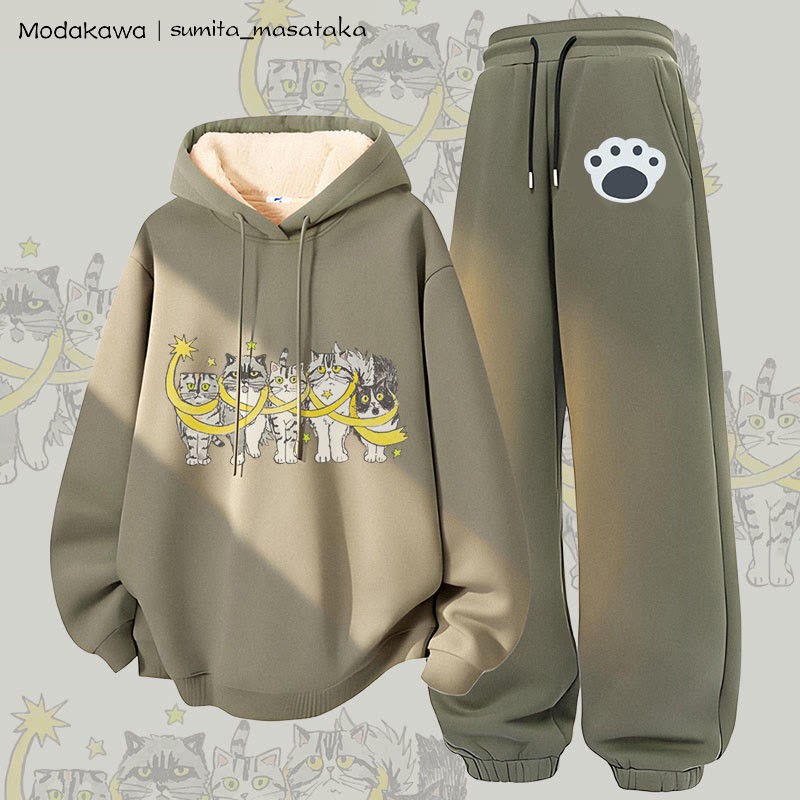MODAKAWA X sumita_masataka Katzen-in-Sterne-Grafik: Zweiteiliges Set aus dick gefüttertem Hoodie und Hose mit Fleece-Futter - Green - 5XL - image 4