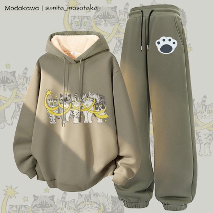 MODAKAWA X sumita_masataka Katzen-in-Sterne-Grafik: Zweiteiliges Set aus dick gefüttertem Hoodie und Hose mit Fleece-Futter - Green - 5XL - image 4