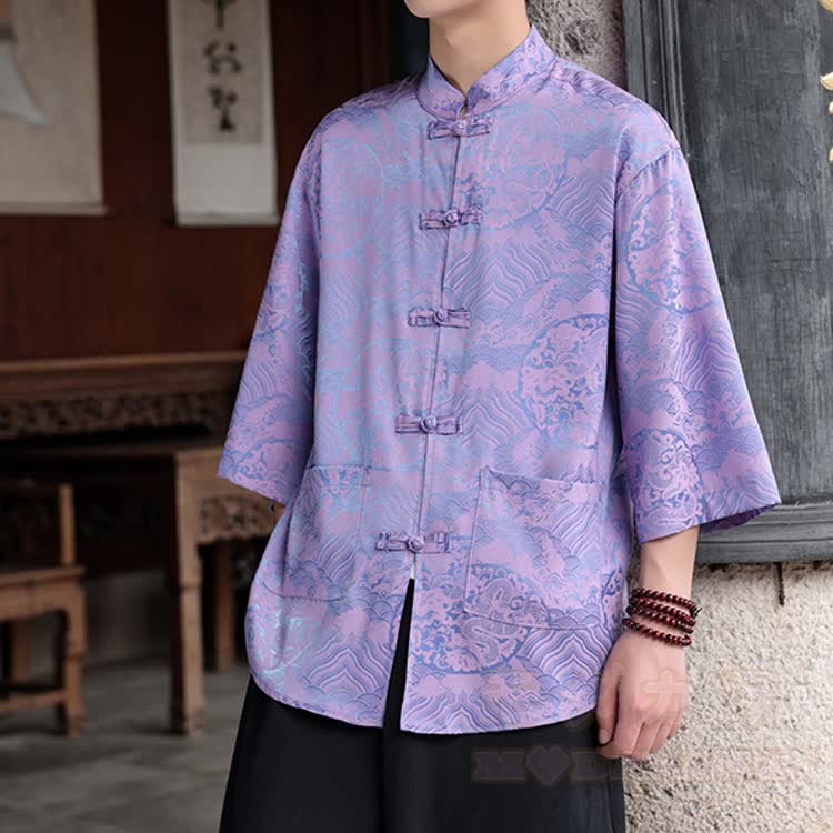 Oversize-Hemd mit Drachen-Jacquard-Muster und Stehkragen - Lila Orchideen-Drache - 5XL - image 13