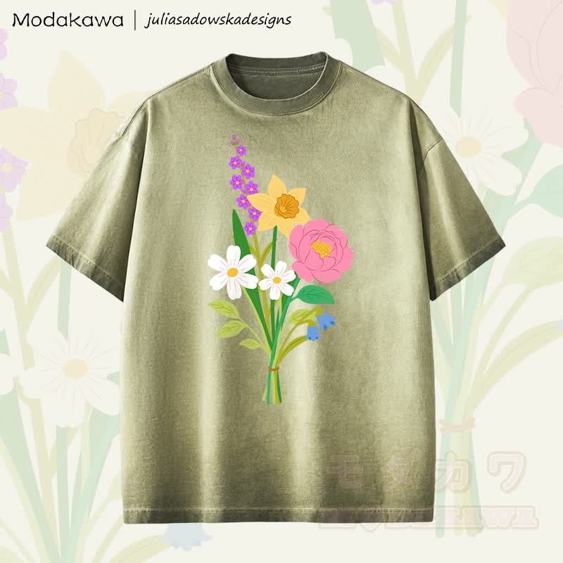 MODAKAWA X juliasadowskadesigns Unisex-T-Shirt mit floralem Grafikmuster im Vintage-Look - Grün - 2XL - image 4