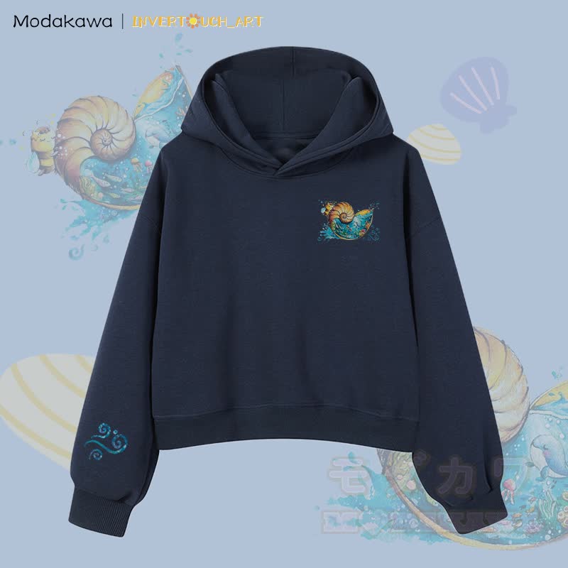 MODAKAWA X INVERTOUCH_ART Ocean Shell Bee Graphic Modakawa Cropped Cotton Hoodie - Purpurblau C - 3XL - image 3